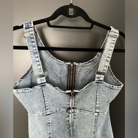 Acid Washed Denim Sleeveless bodycon Dress unbranded overall straps - Picture 6 of 9
